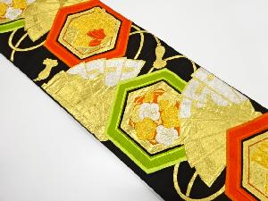 アンティーク　桧扇に蝶・梅模様織り出し袋帯（着用可）